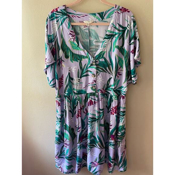 Terra & Sky Purple Floral Babydoll Summer Dress Women's Plus Size 1XL - Picture 1 of 7
